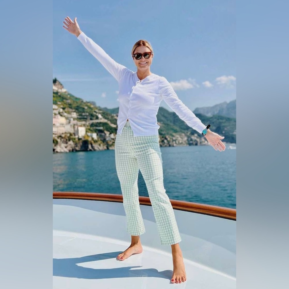 Zara Green and White Gingham Mid Rise Ankle Crop Pants